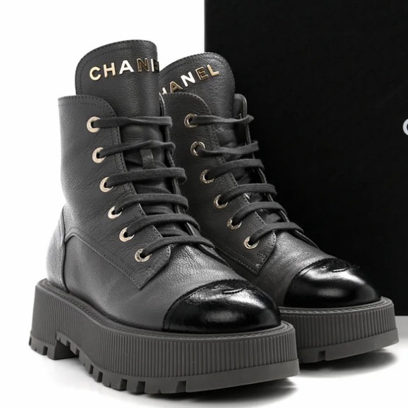 CHANEL Shoes - Brand New Chanel Grey Leather Cap Toe Combat Boots, 38
